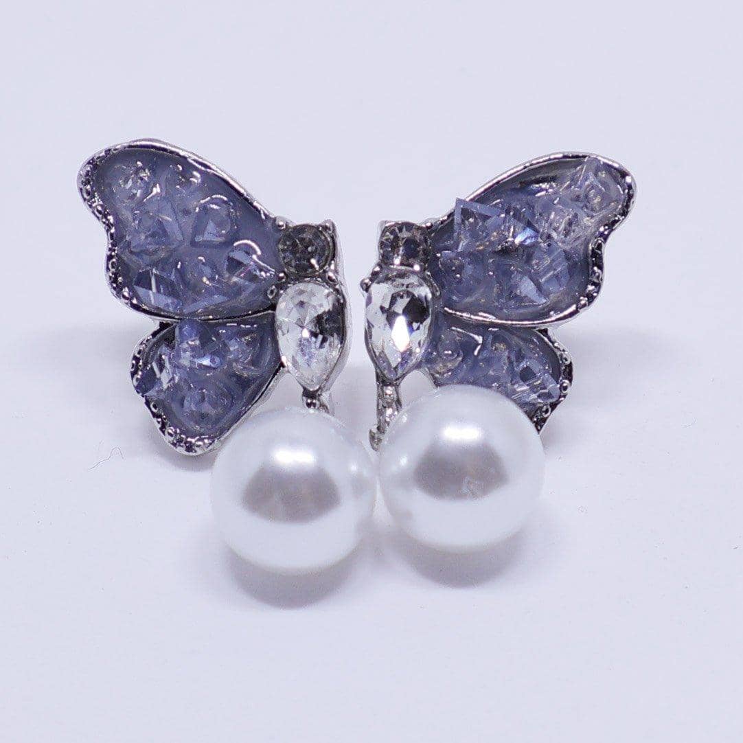 Silver Butterfly Stud Earrings with Pearl Drop for Women - view 4