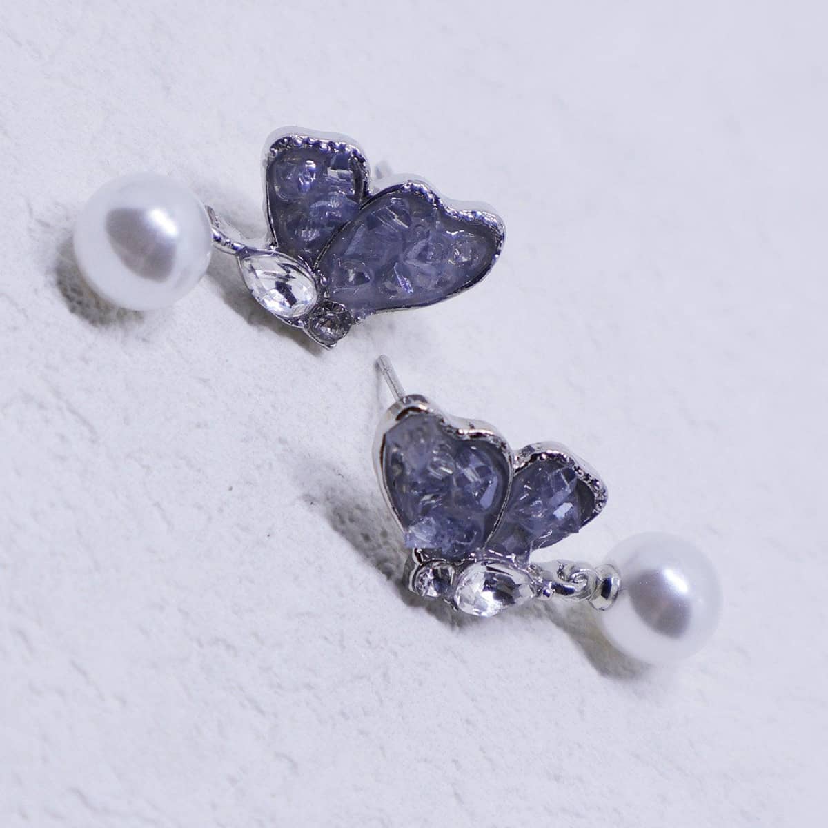 Silver Butterfly Stud Earrings with Pearl Drop for Women - view 5
