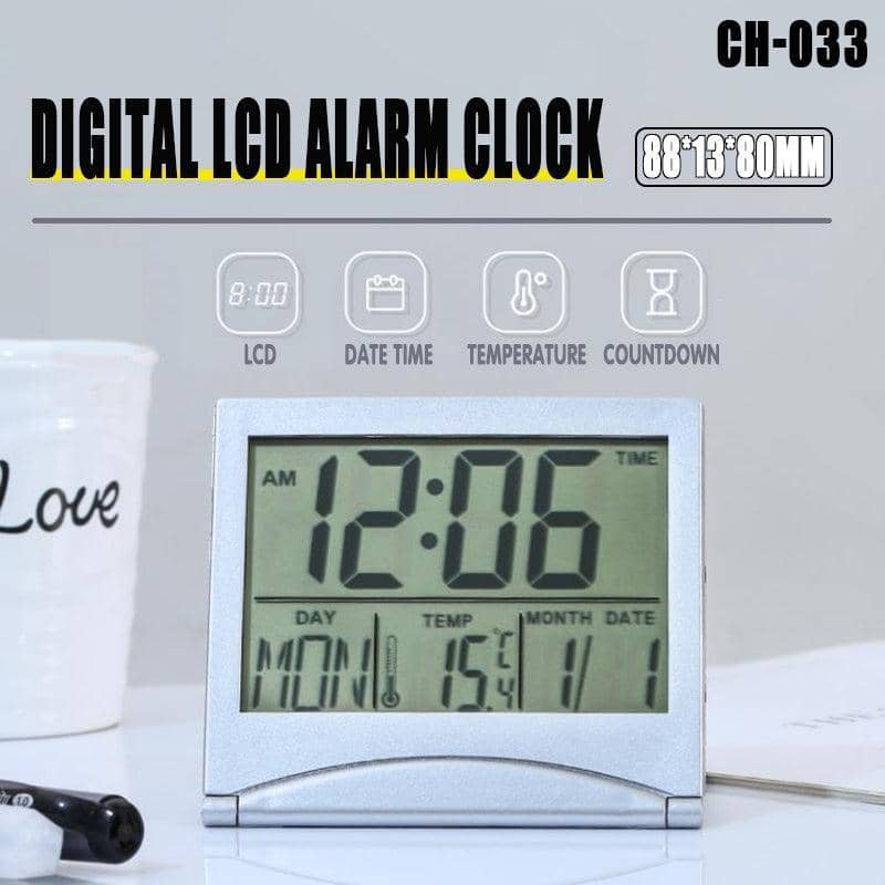 Silver Digital LCD Desk Alarm Clock with Calendar and Temperature Display