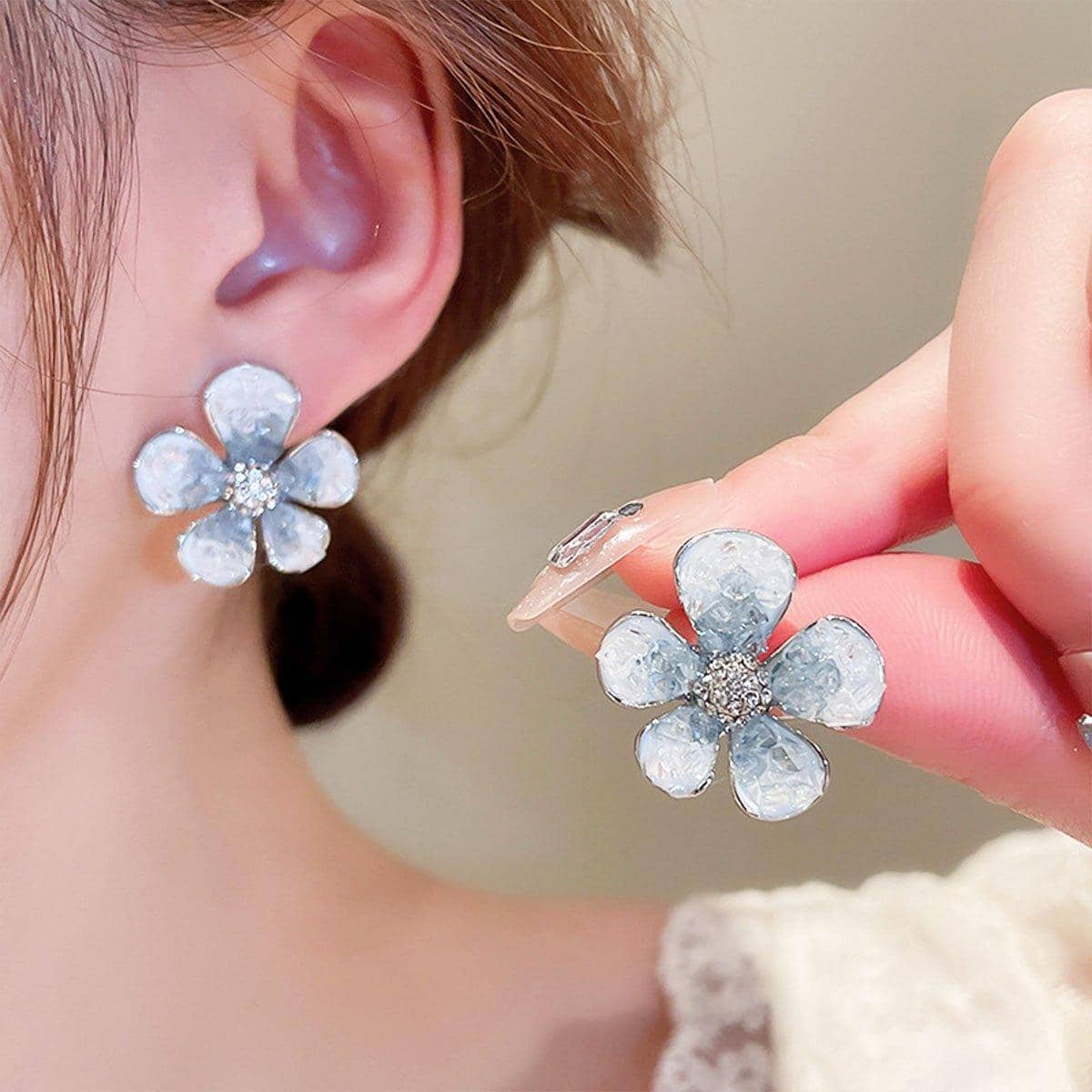 Silver Flower Earrings with Clear Crystal Accents for Women - view 4
