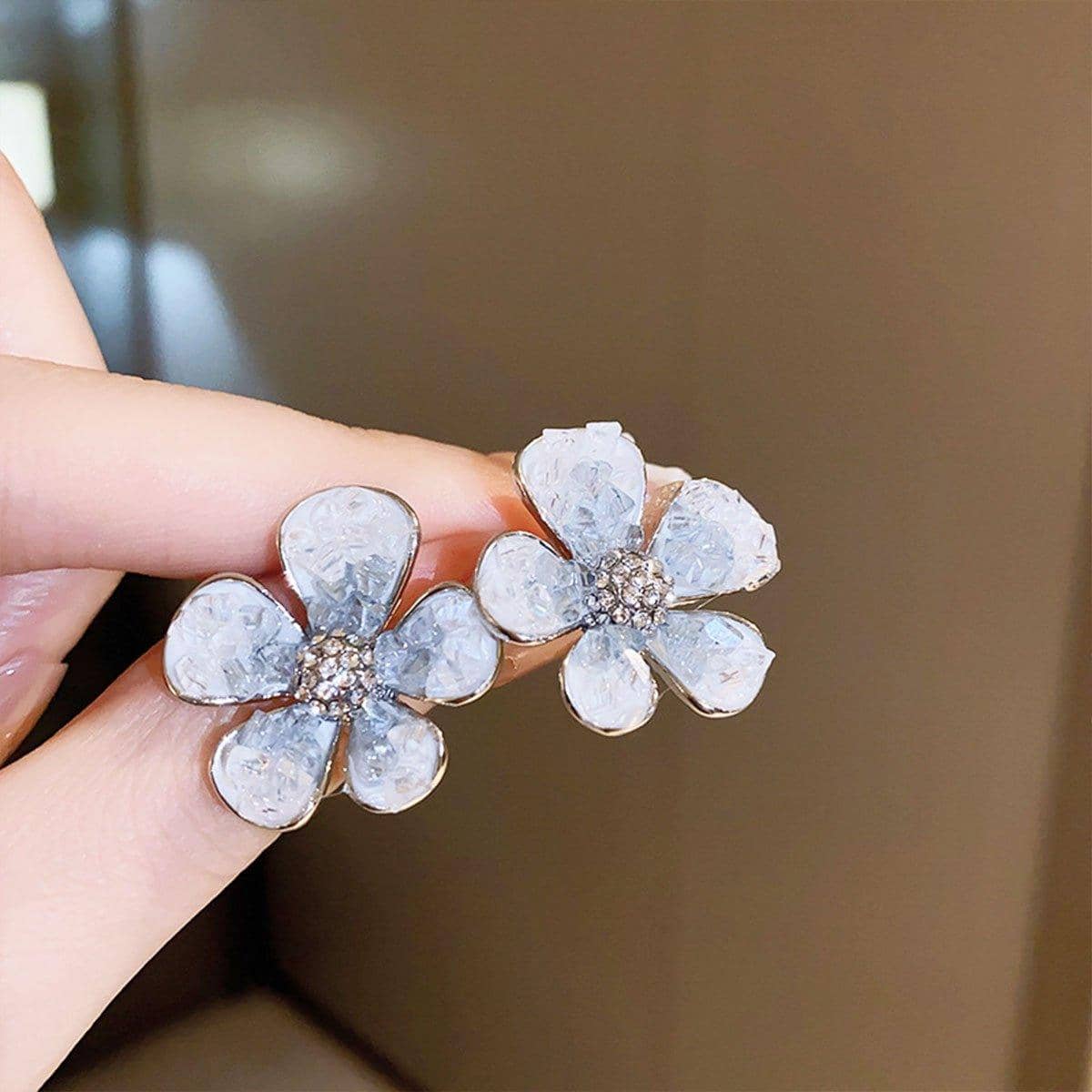 Silver Flower Earrings with Clear Crystal Accents for Women - view 5