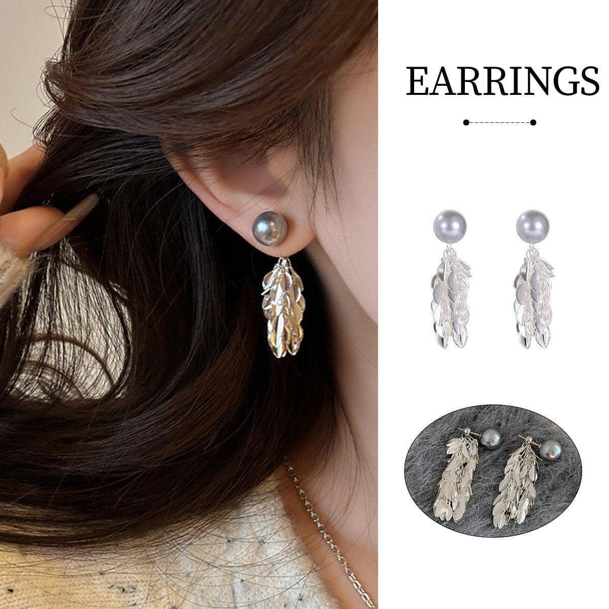 Silver Leaf Tassel Earrings with Grey Pearl Stud for Women