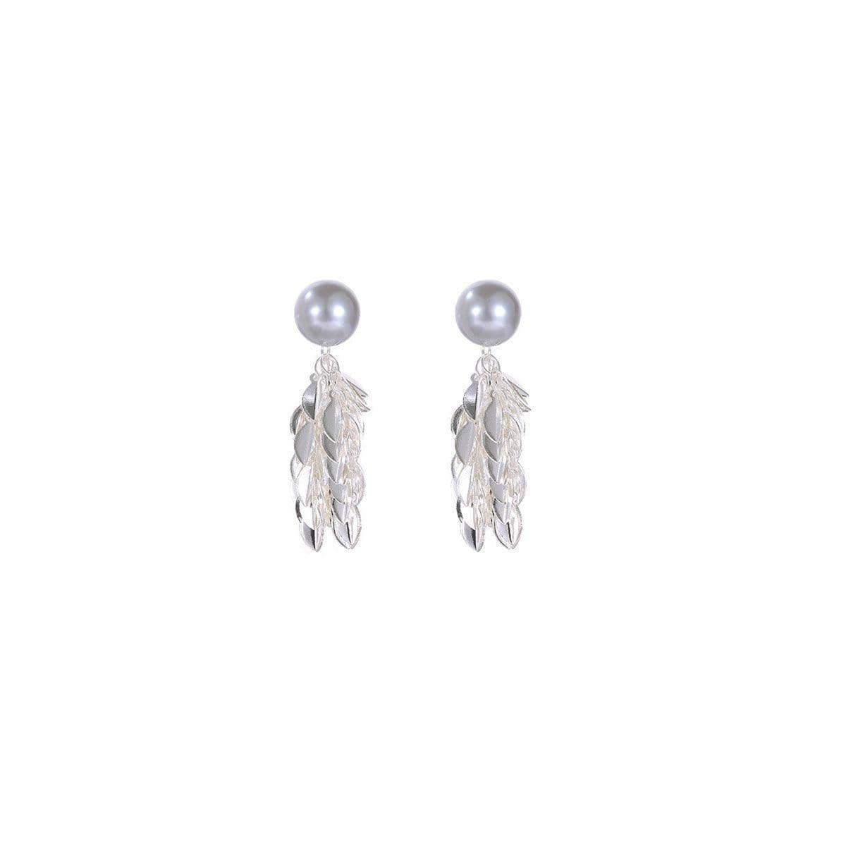 Silver Leaf Tassel Earrings with Grey Pearl Stud for Women - view 2