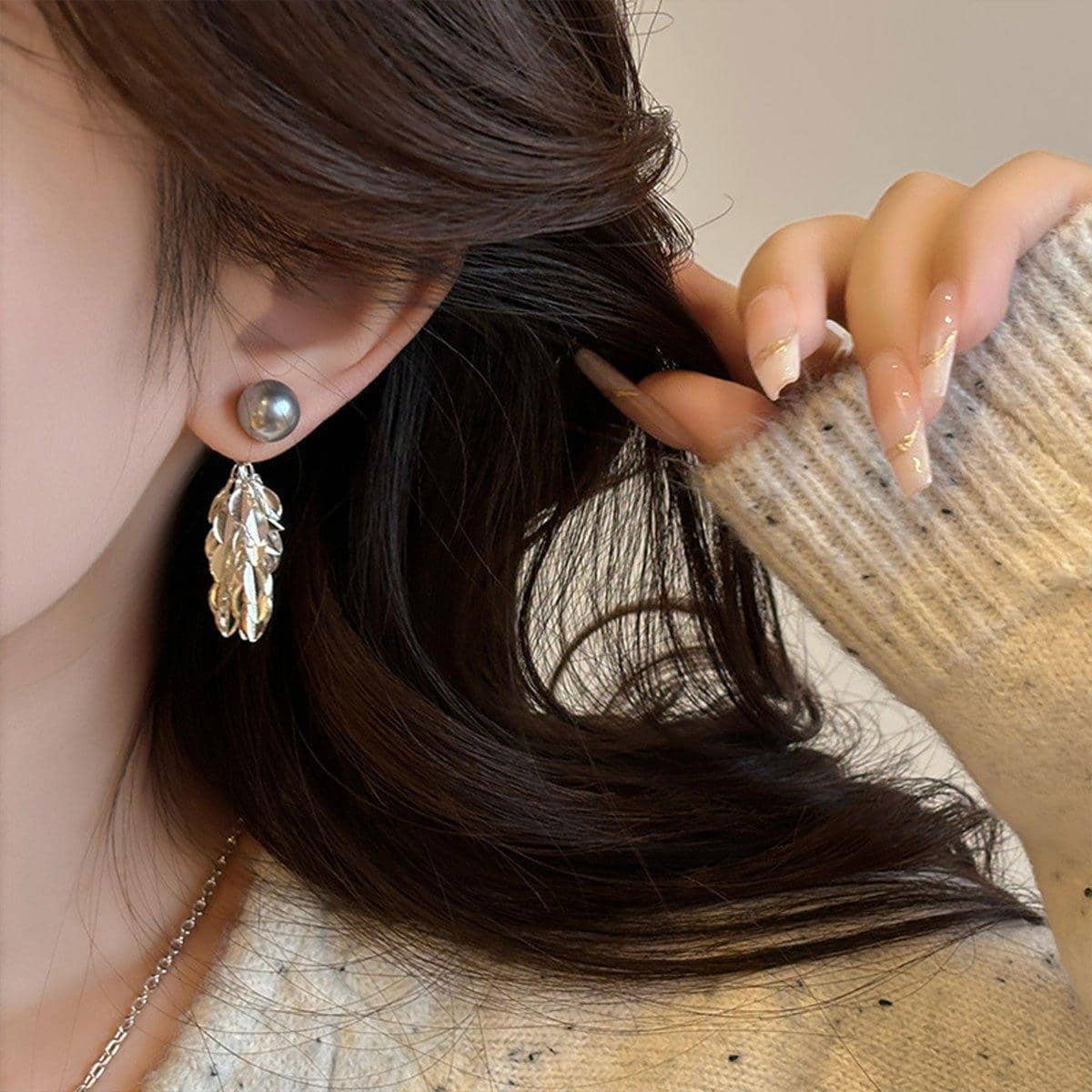 Silver Leaf Tassel Earrings with Grey Pearl Stud for Women - view 4