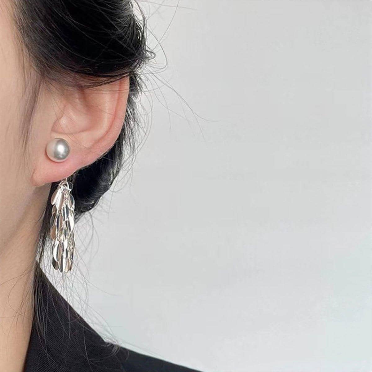 Silver Leaf Tassel Earrings with Grey Pearl Stud for Women - view 5