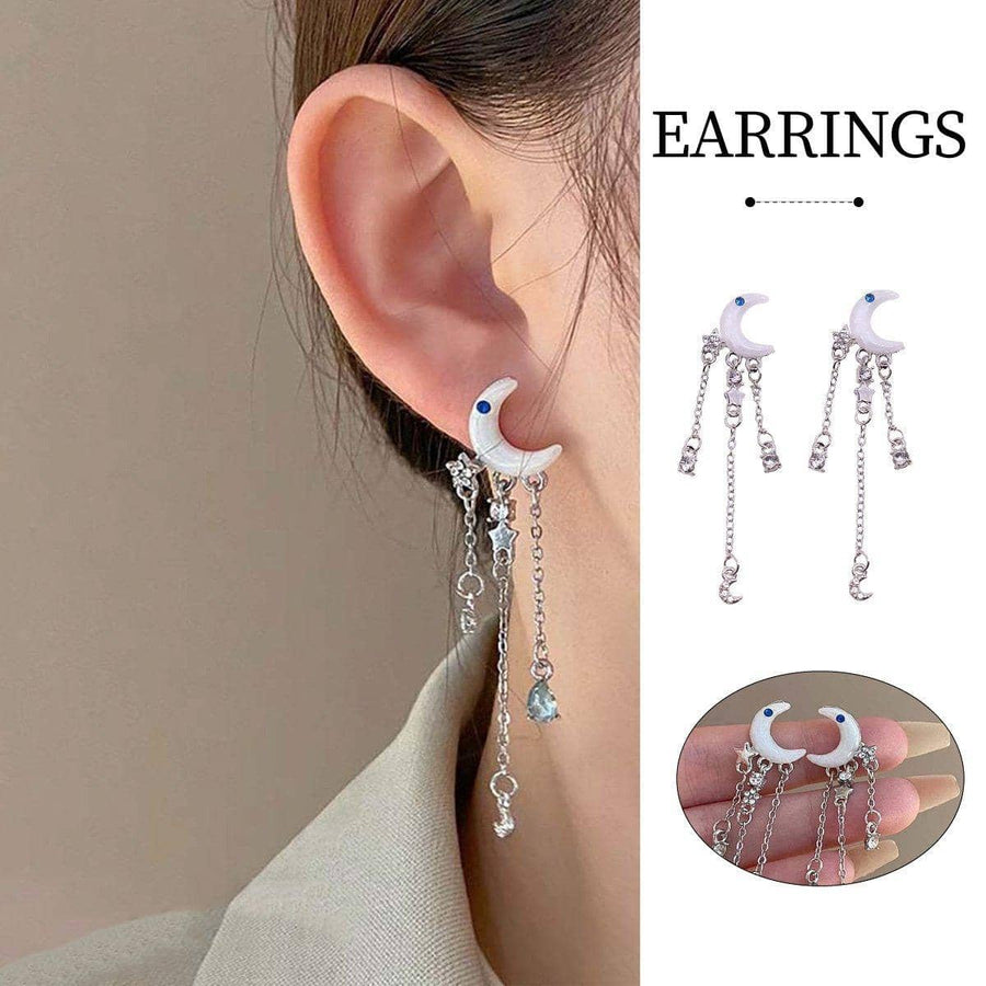 Silver Moon Crystal Tassel Drop Earrings for Women