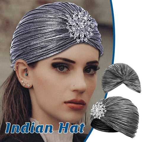 Silver Pleated Indian Wrap Turban Headscarf for Women with Rhinestone Brooch