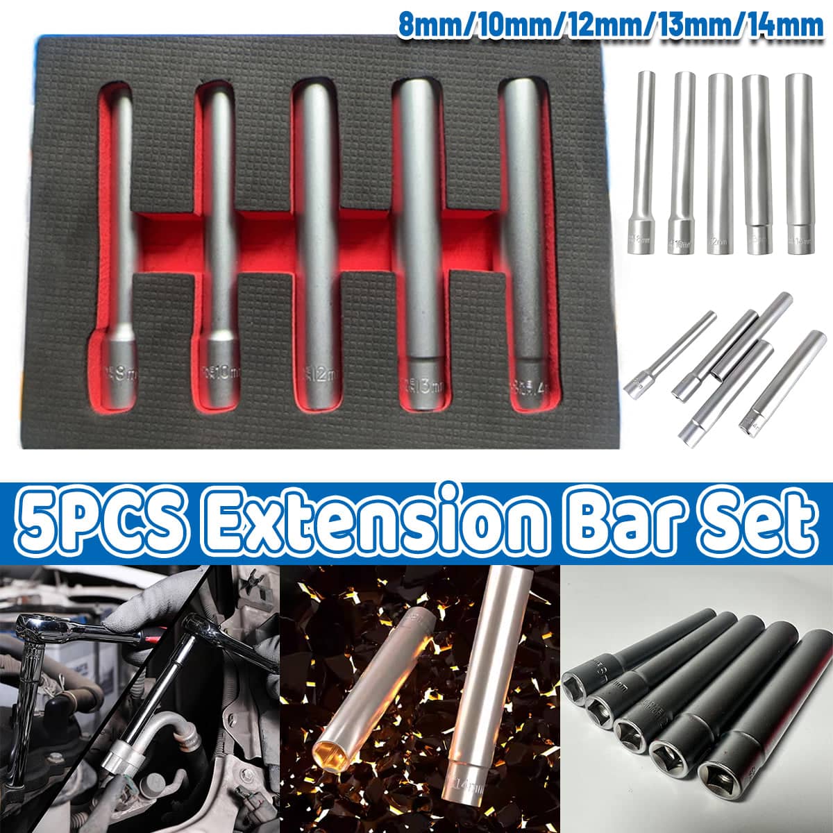 Silver Socket Extension Bar Set for Ratchet Wrench, 8 to 14 mm, Pack of 5