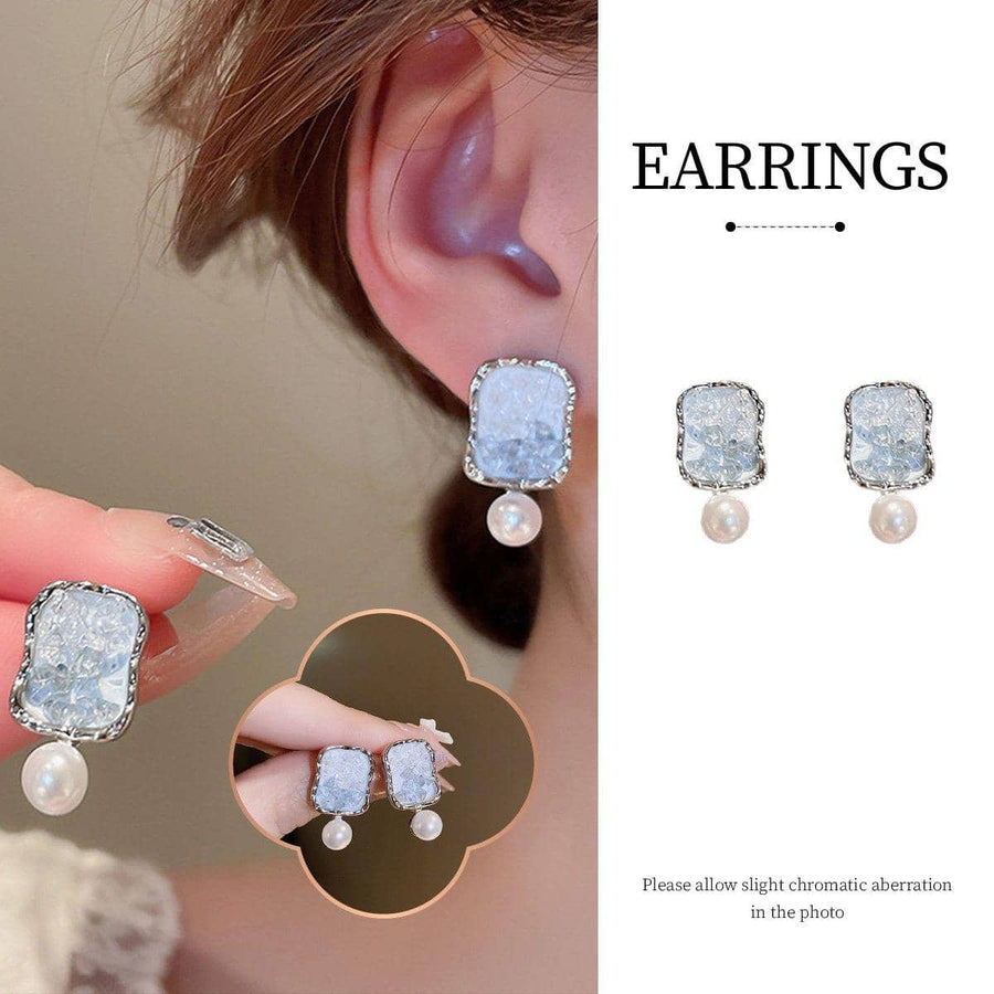 Silver Square Earrings with Crystal and Pearl Drop for Women