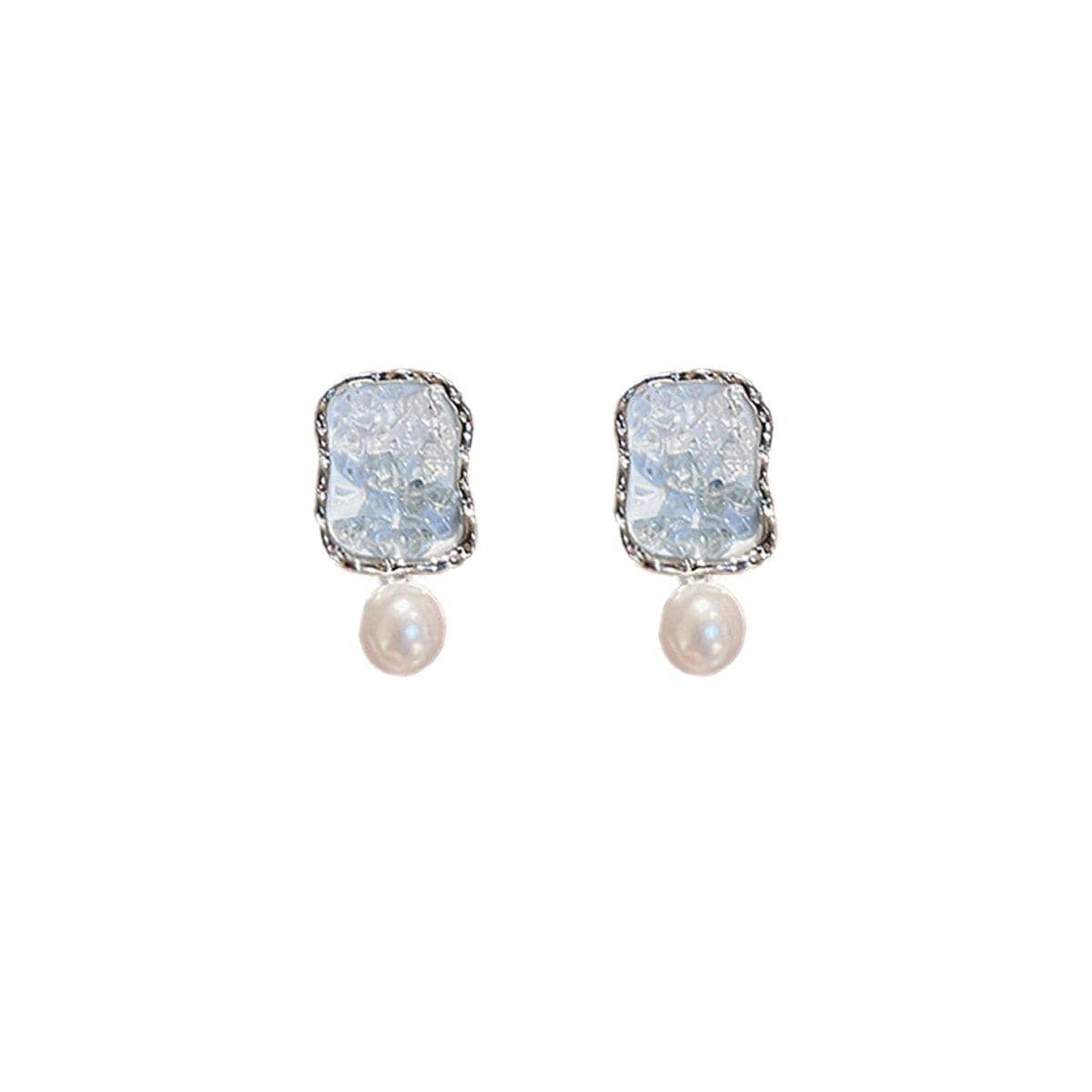Silver Square Earrings with Crystal and Pearl Drop for Women - view 2