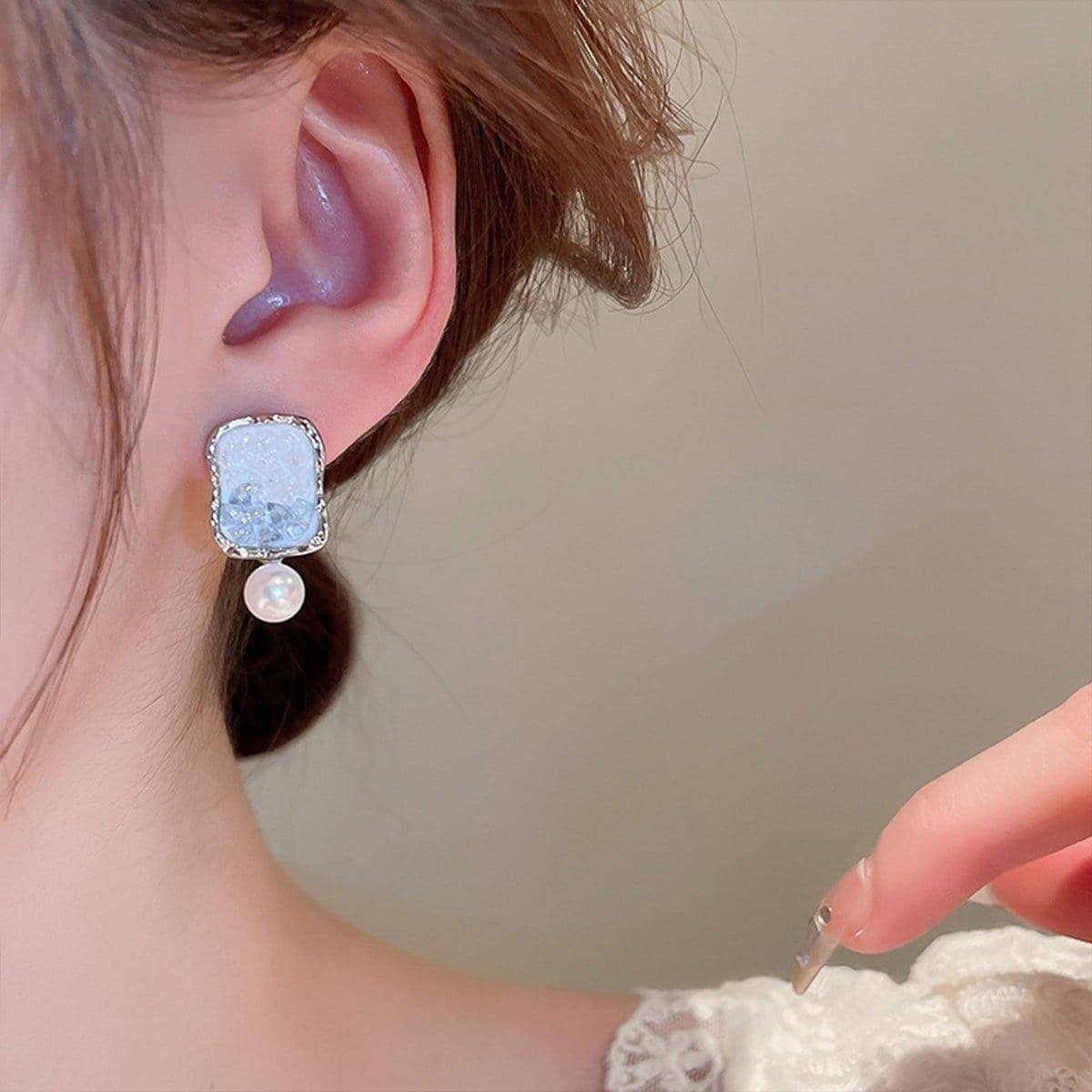Silver Square Earrings with Crystal and Pearl Drop for Women - view 4
