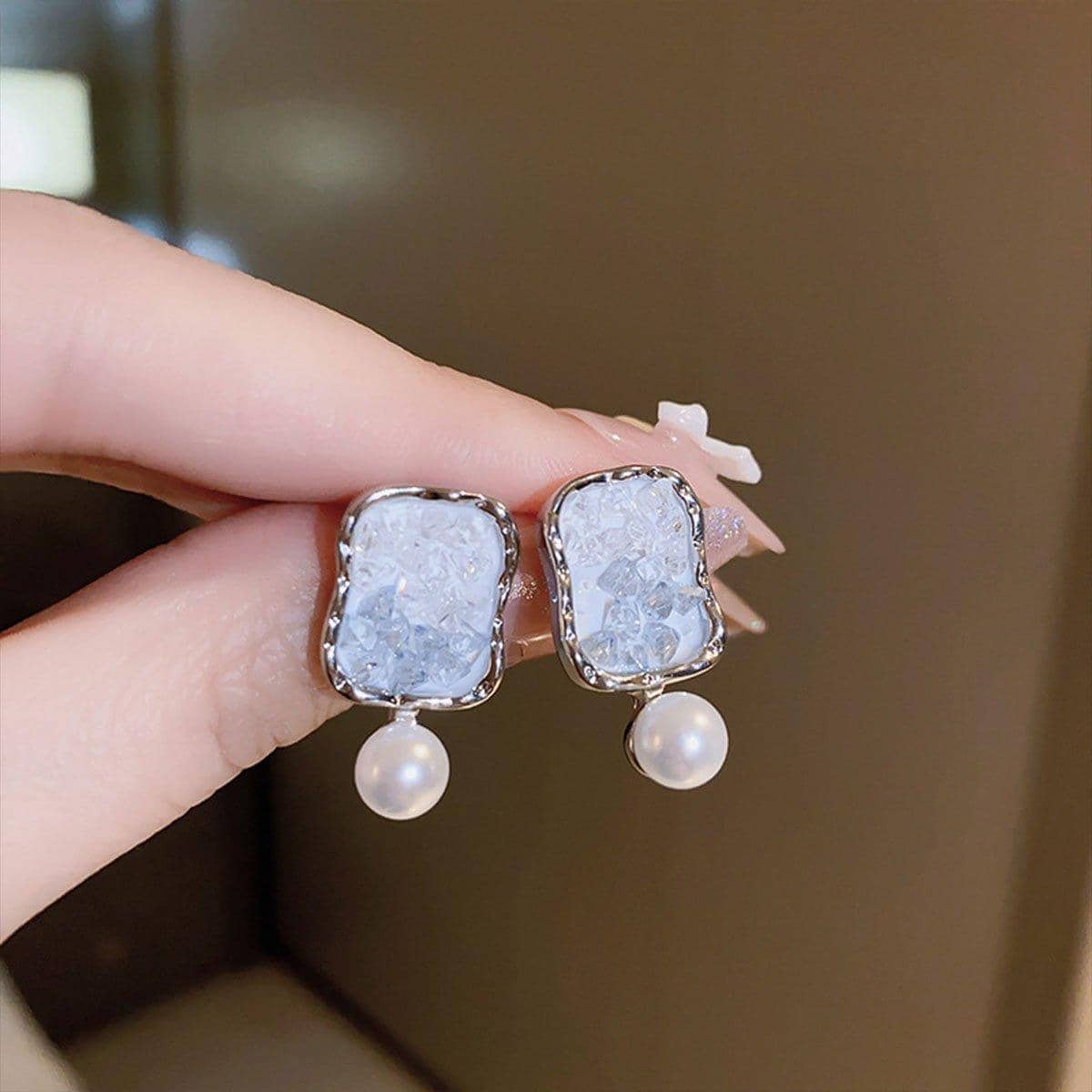 Silver Square Earrings with Crystal and Pearl Drop for Women - view 5