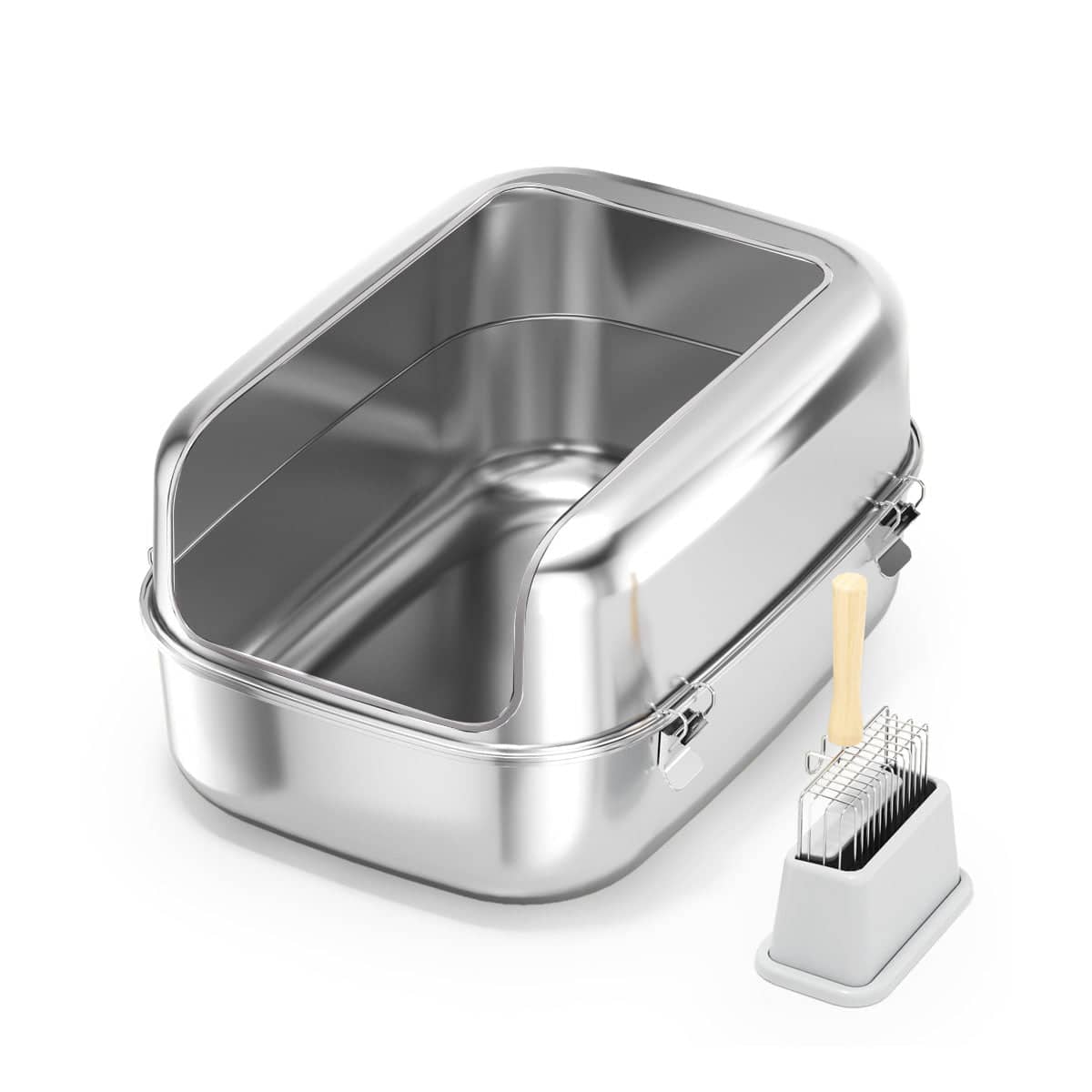 Silver Stainless Steel Cat Litter Box, Open Top - view 2