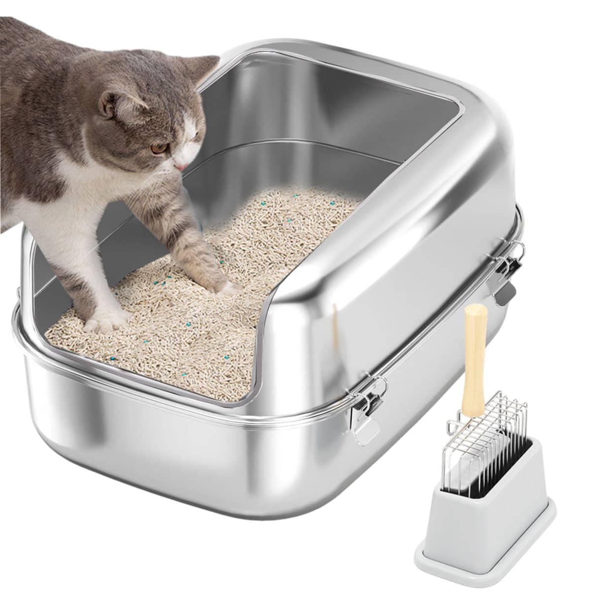 Silver Stainless Steel Cat Litter Box, Open Top - view 4