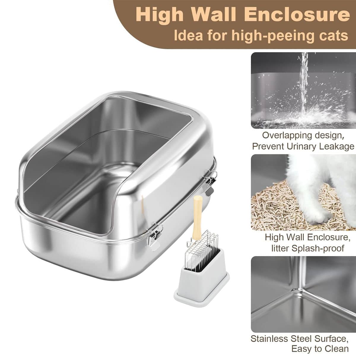 Silver Stainless Steel Cat Litter Box, Open Top - view 5