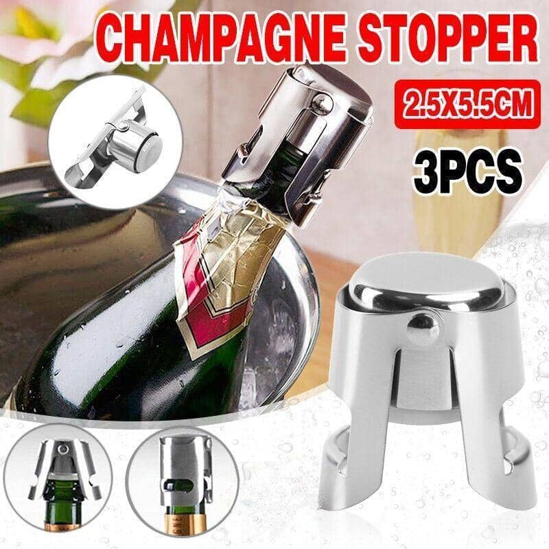 Silver Stainless Steel Champagne Stopper for Sparkling Wine, Pack of 3