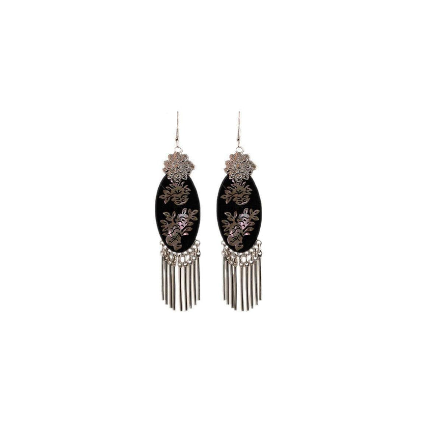 Silver Tassel Fringe Earrings for Women - Black Oval with Floral Detail