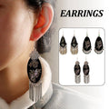 Silver Tassel Fringe Earrings for Women - Black Oval with Floral Detail - view 2