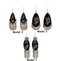 Silver Tassel Fringe Earrings for Women - Black Oval with Floral Detail - view 4