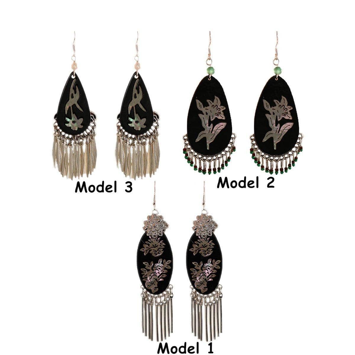 Silver Tassel Fringe Earrings for Women - Black Oval with Floral Detail - view 4
