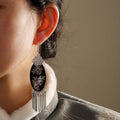 Silver Tassel Fringe Earrings for Women - Black Oval with Floral Detail - view 5