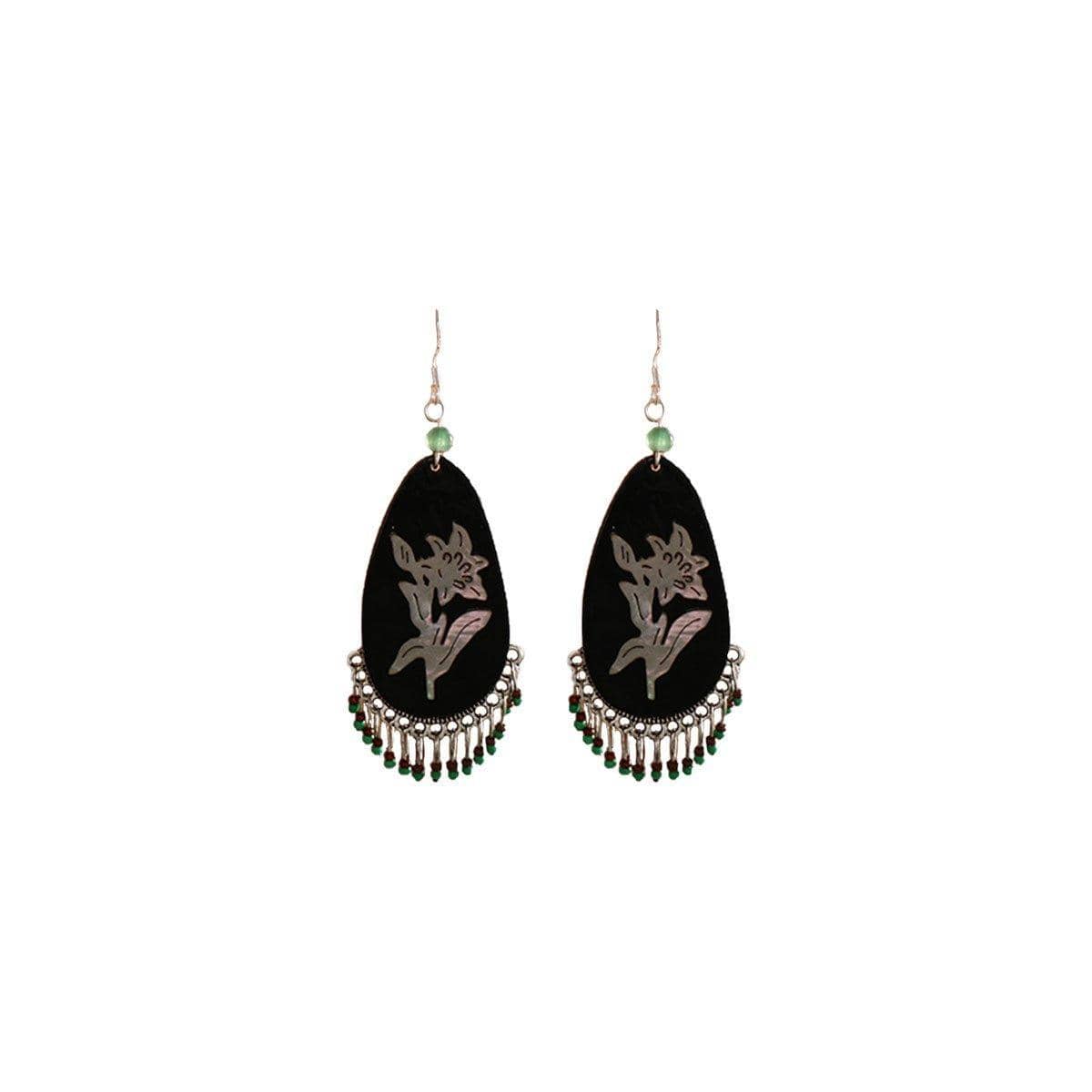 Silver Tassel Fringe Earrings for Women - Black Teardrop with Green Beaded Fringe