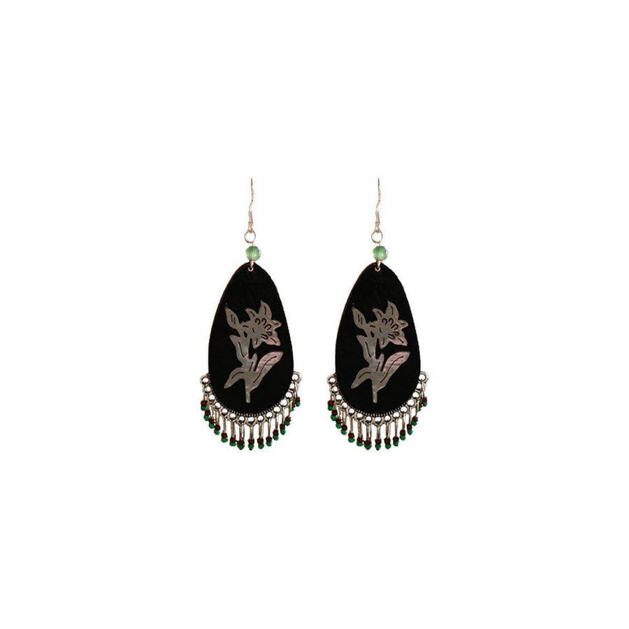 Silver Tassel Fringe Earrings for Women - Black Teardrop with Green Beaded Fringe