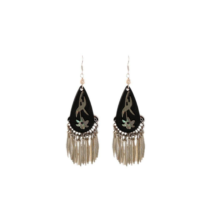 Silver Tassel Fringe Earrings for Women - Black Teardrop with Leaf Fringe