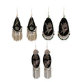 Silver Tassel Fringe Earrings for Women - Black Teardrop with Leaf Fringe - view 3