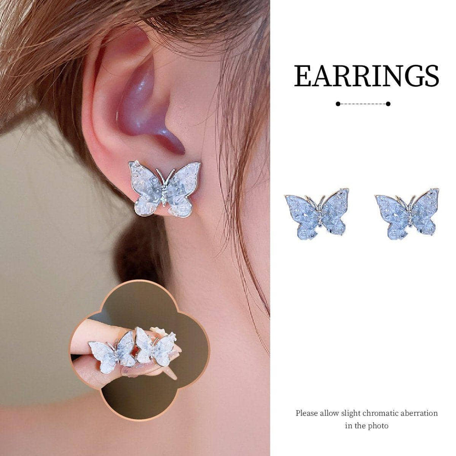 Silver Tone Butterfly Earrings with Clear Crystals for Women