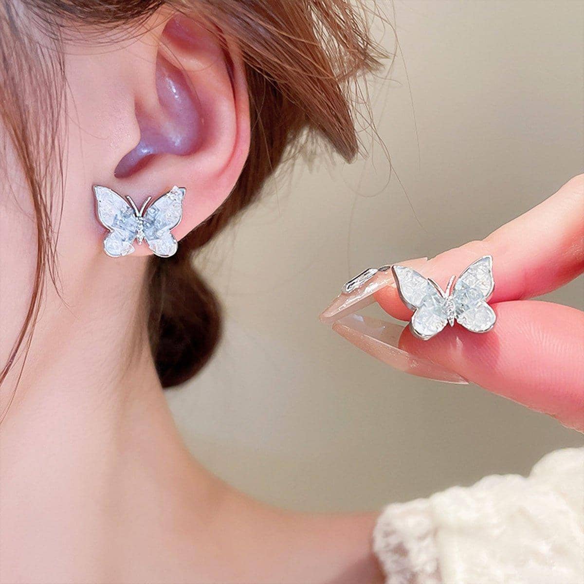 Silver Tone Butterfly Earrings with Clear Crystals for Women - view 4