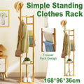 Simple Bamboo Standing Clothes Rack with 6 Hooks and Shelf, Freestanding Garment Organiser