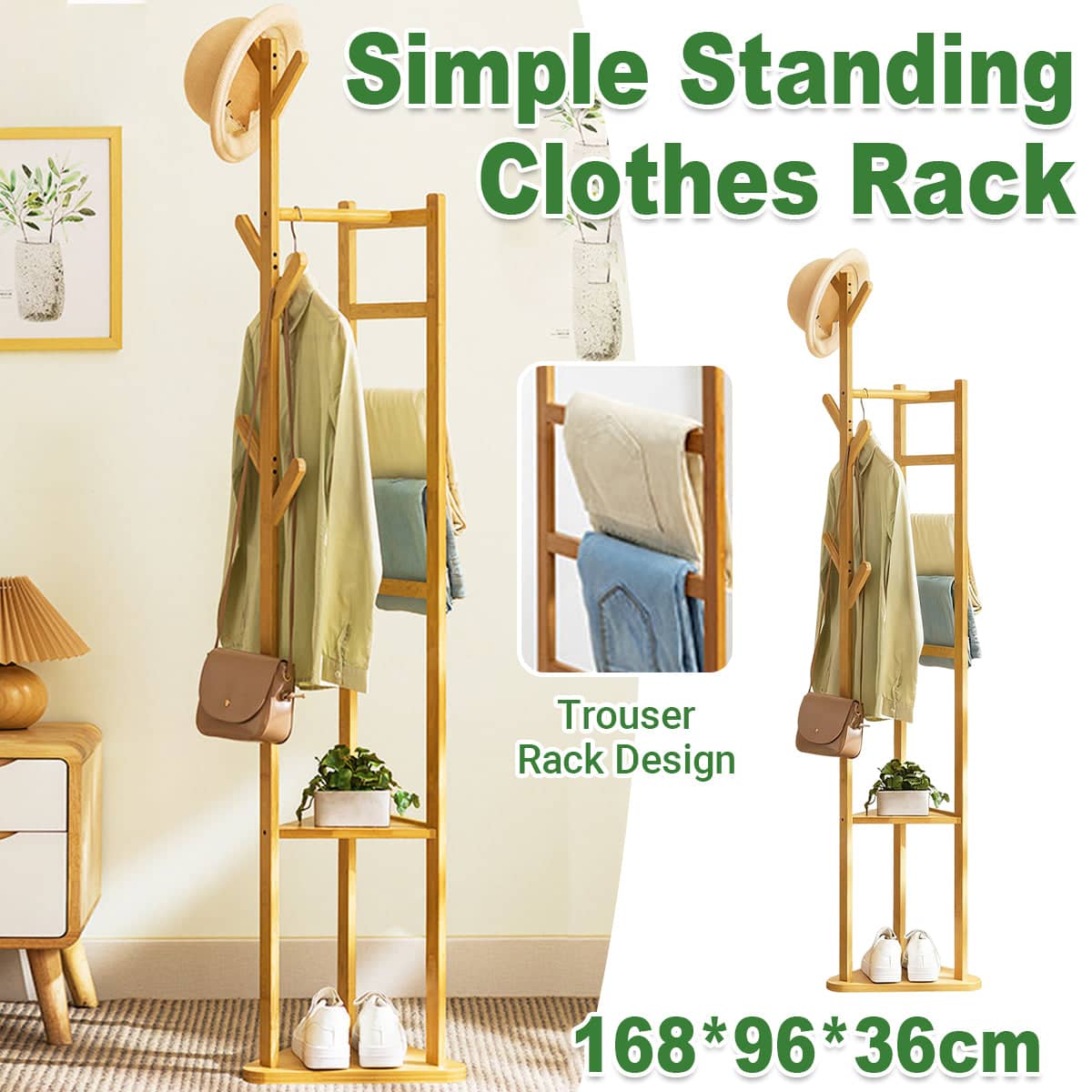 Simple Bamboo Standing Clothes Rack with 6 Hooks and Shelf, Freestanding Garment Organiser