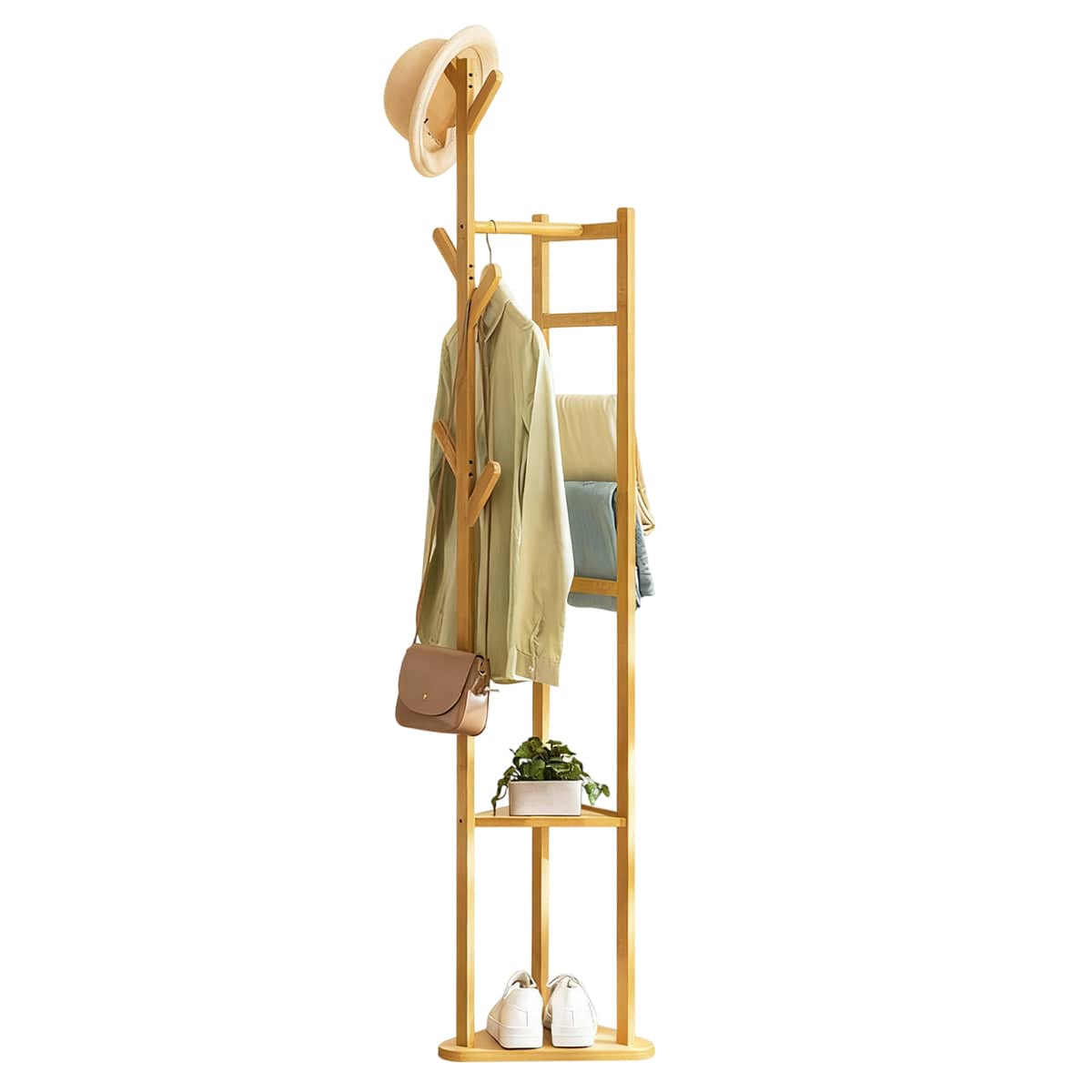 Simple Bamboo Standing Clothes Rack with 6 Hooks and Shelf, Freestanding Garment Organiser - view 2