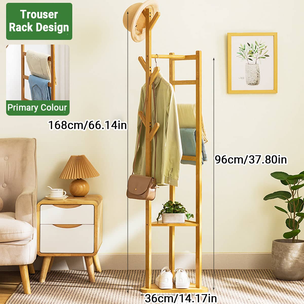 Simple Bamboo Standing Clothes Rack with 6 Hooks and Shelf, Freestanding Garment Organiser - view 3