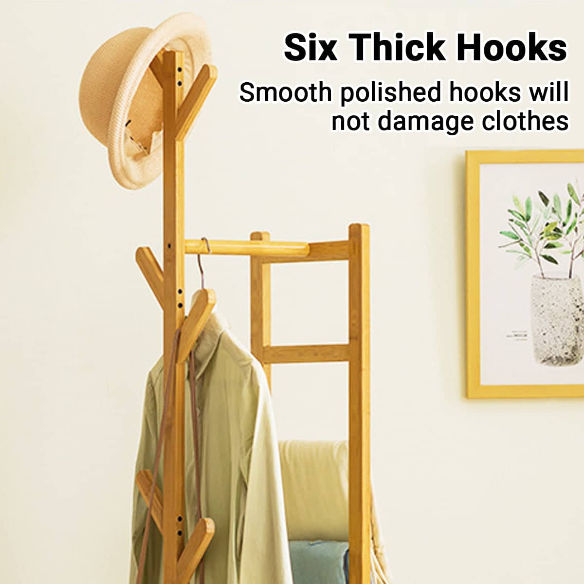 Simple Bamboo Standing Clothes Rack with 6 Hooks and Shelf, Freestanding Garment Organiser - view 5