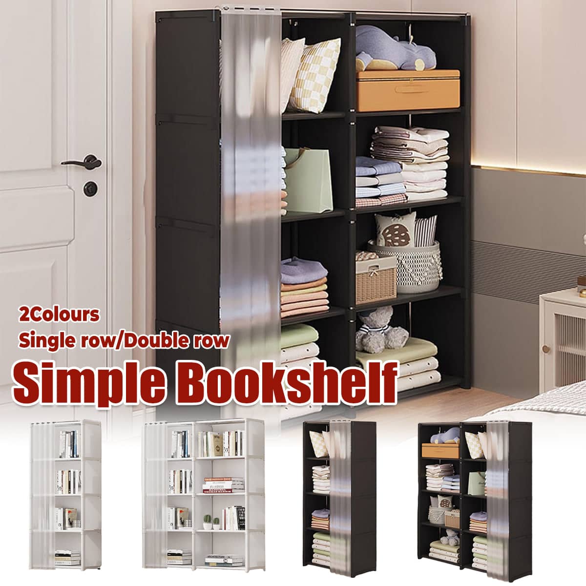Simple Bookshelf Storage Rack with Dust Proof Curtain for Bedroom and Living Room, Black, Single Row - view 2