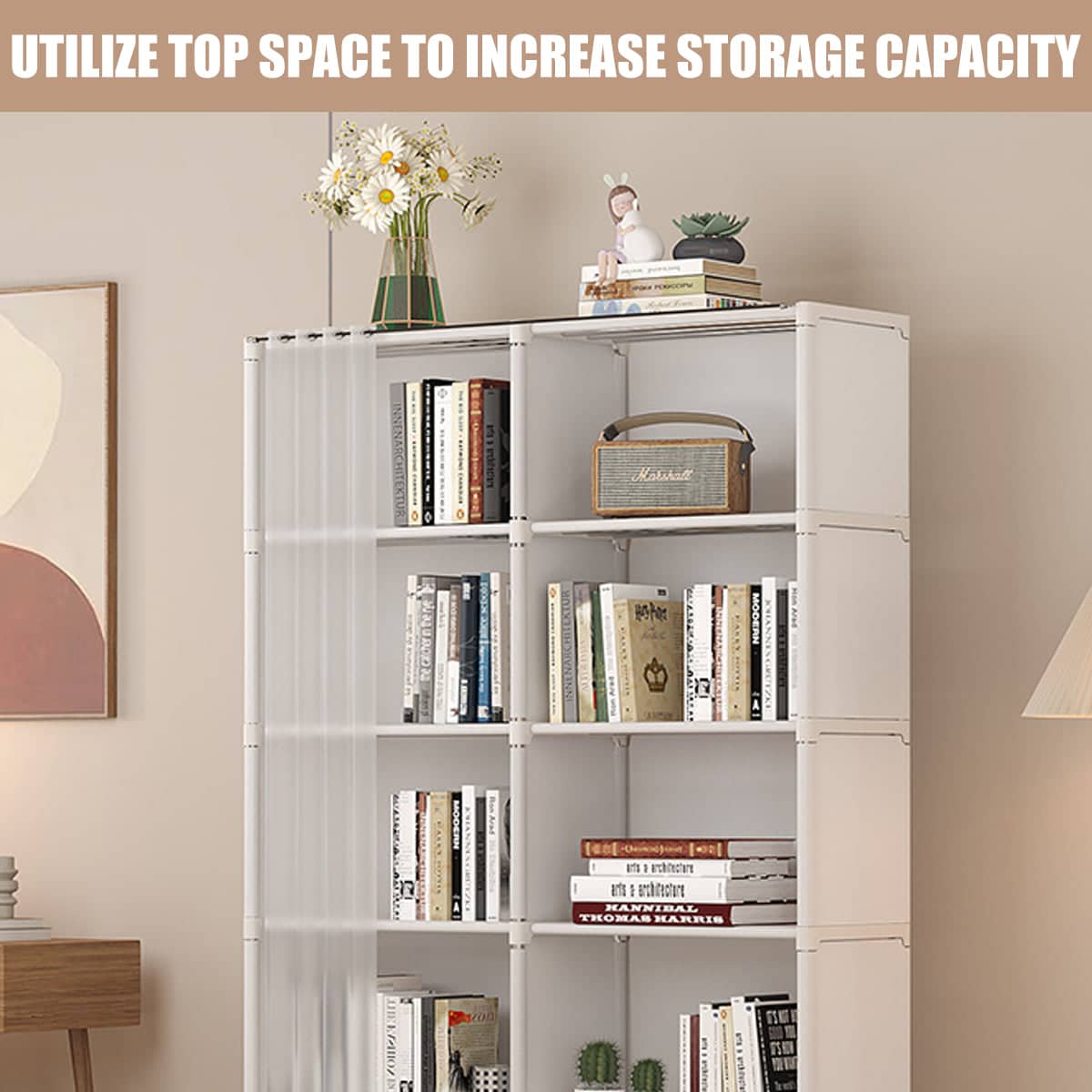 Simple Bookshelf Storage Rack with Dust Proof Curtain for Bedroom and Living Room, Black, Single Row - view 5