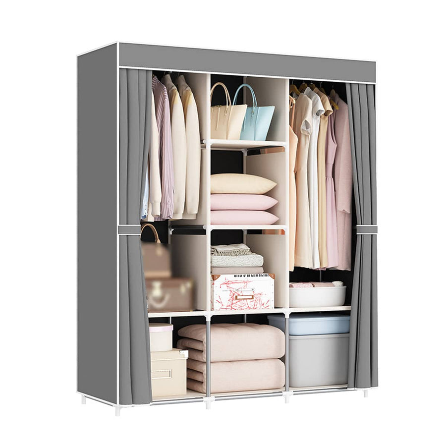 Simple Wardrobe with Dustproof Curtain, Space Saving Metal Frame - Silver (128 x 45 x 165 cm)