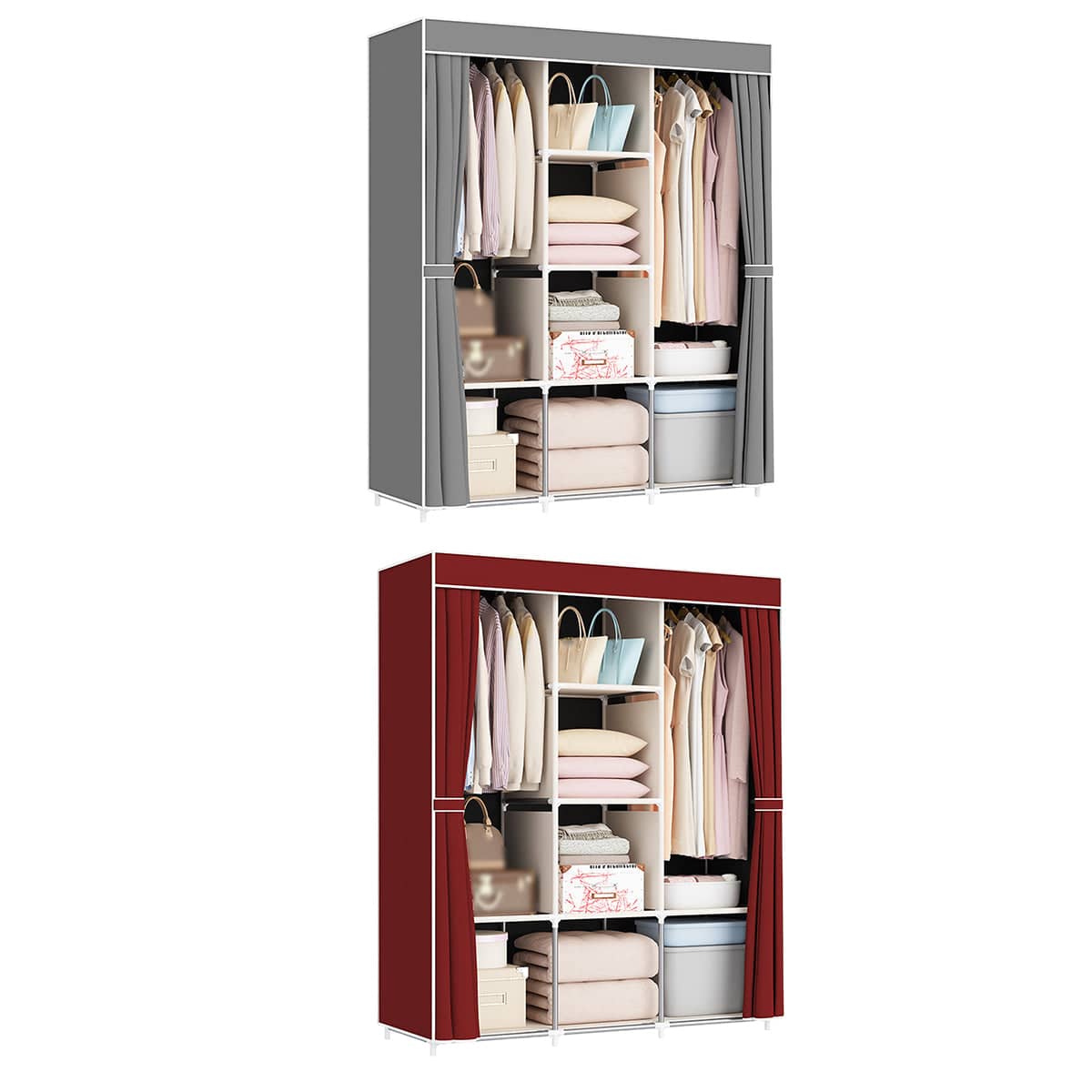 Simple Wardrobe with Dustproof Curtain, Space Saving Metal Frame - Silver (128 x 45 x 165 cm) - view 3