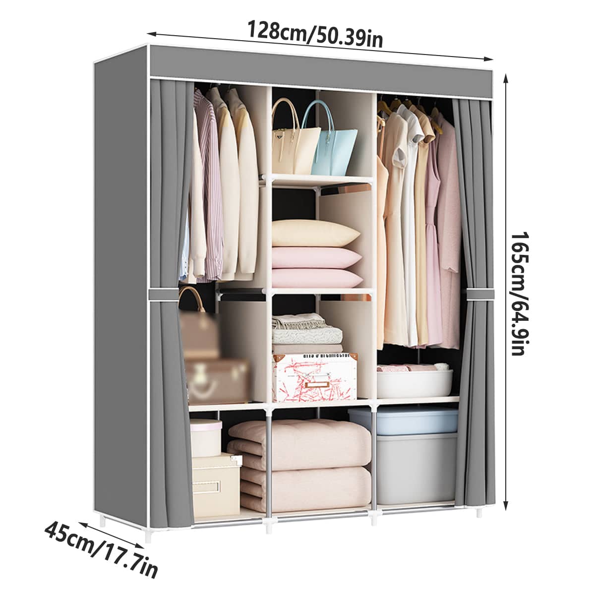 Simple Wardrobe with Dustproof Curtain, Space Saving Metal Frame - Silver (128 x 45 x 165 cm) - view 4