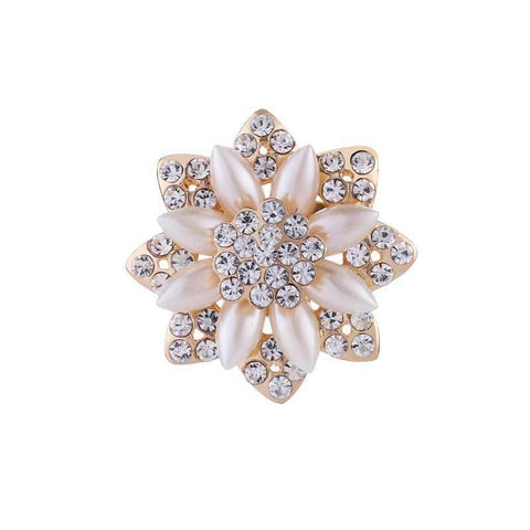 Simulated Pearl Brooch Pin - Pearl Petal Star Flower with Rhinestones