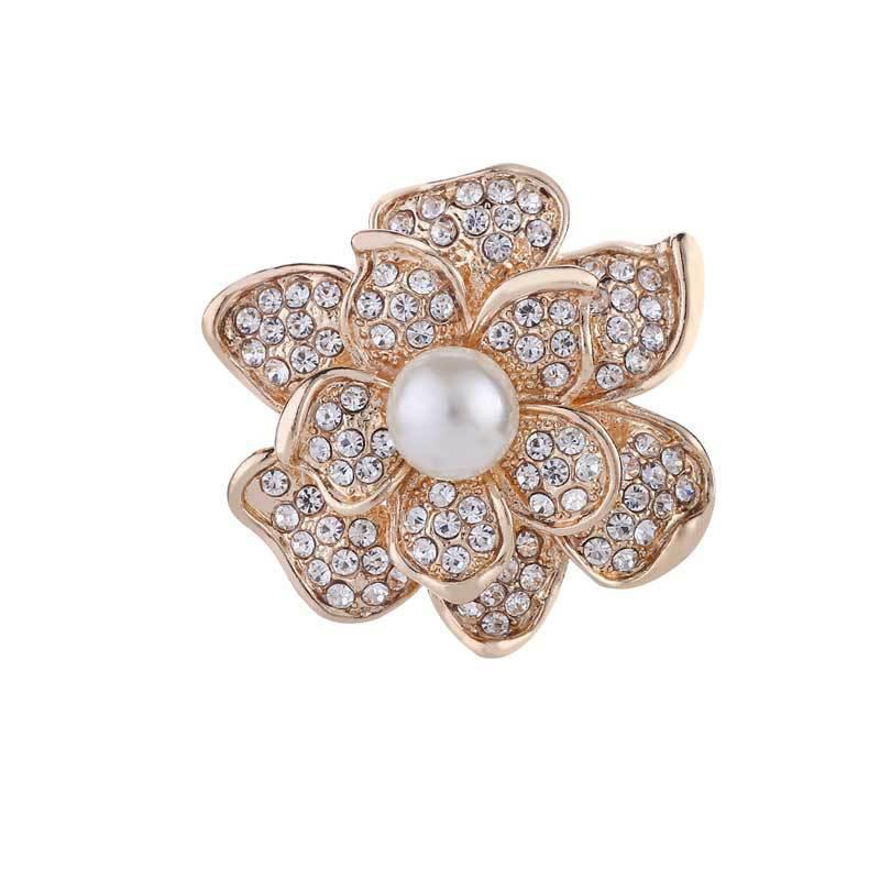 Simulated Pearl Brooch Pin - Rhinestone Flower with Rounded Petals