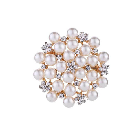 Simulated Pearl Brooch Pin - Round Pearl Cluster with Rhinestones