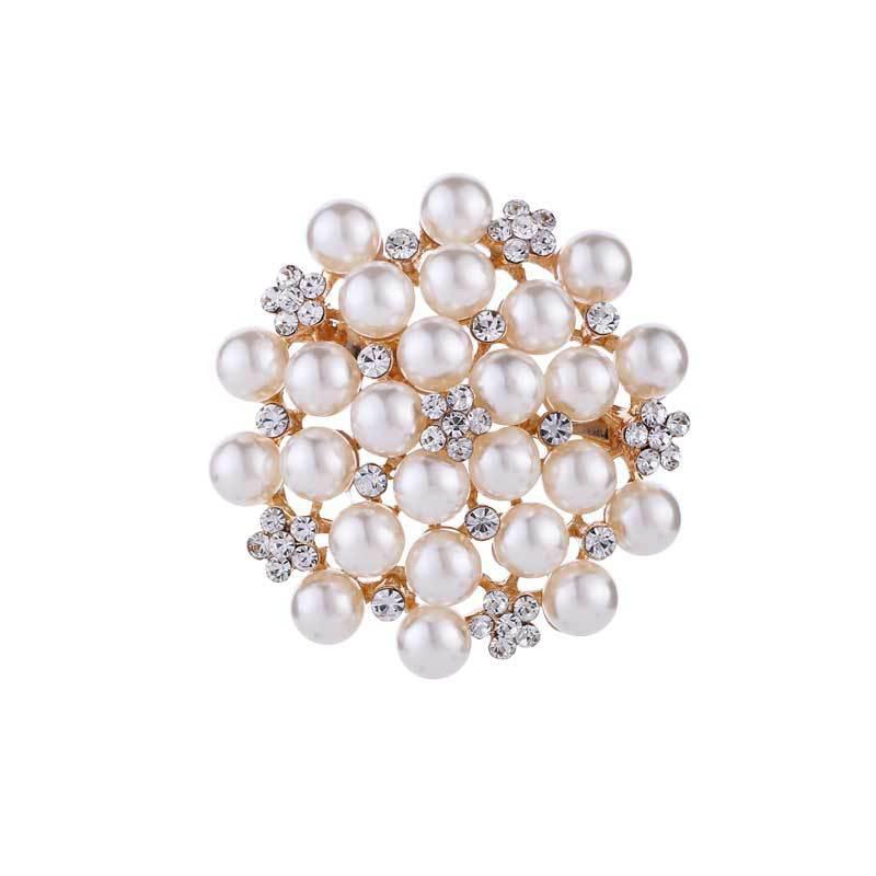 Simulated Pearl Brooch Pin - Round Pearl Cluster with Rhinestones