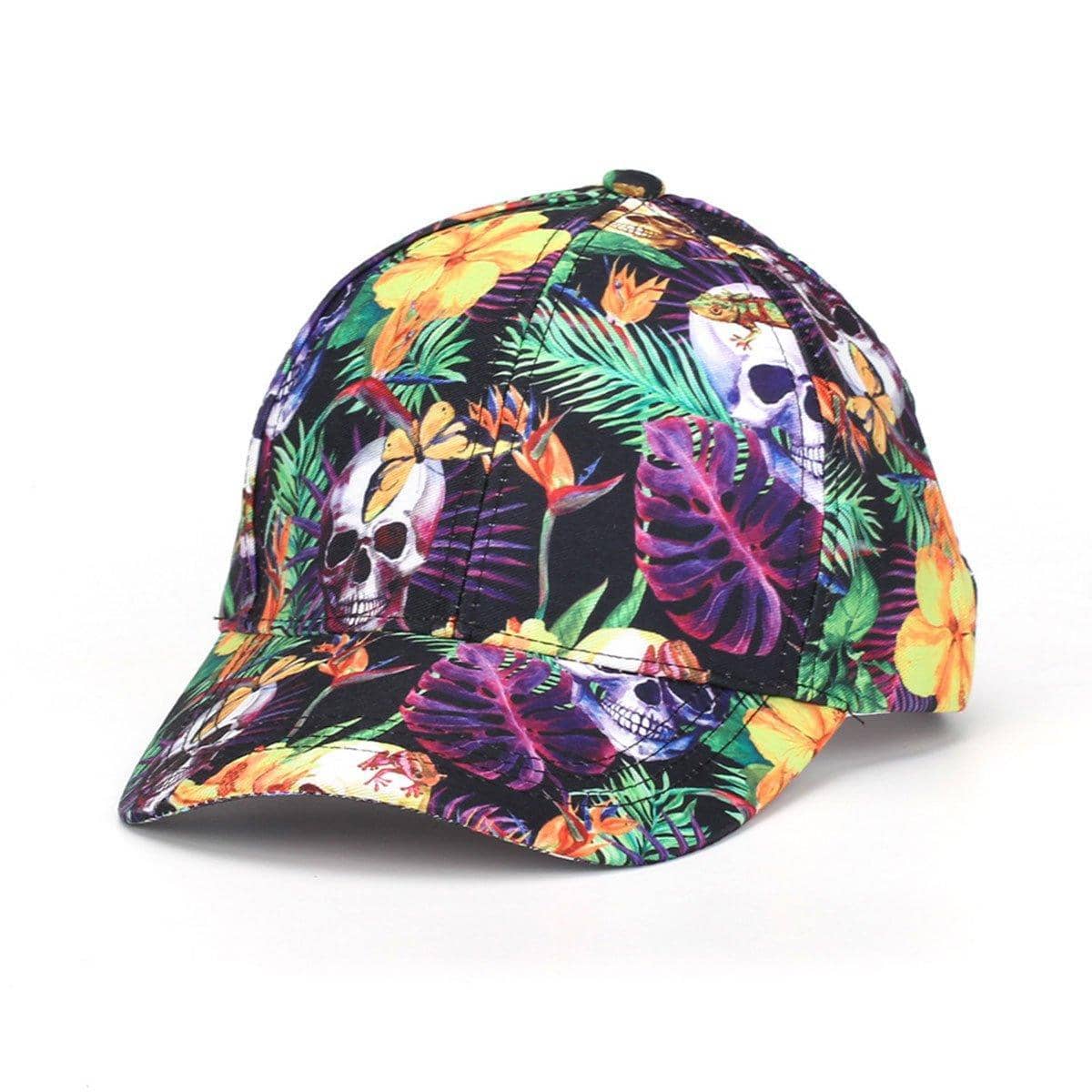 Skull and Tropical Flower Print Baseball Cap - Black