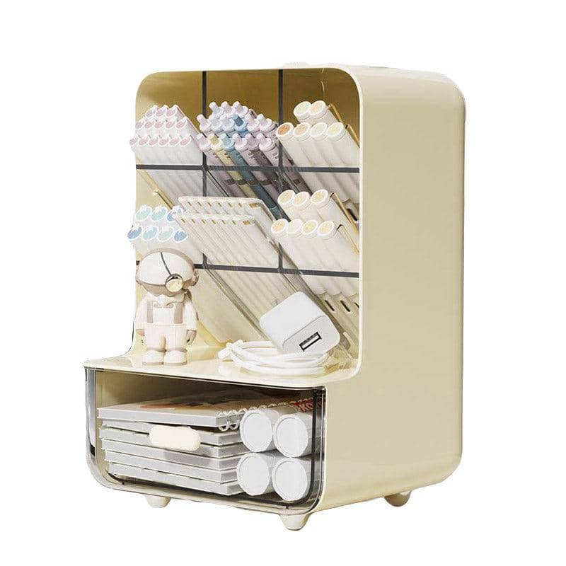 Slanted Desktop Pen Holder with Pull-Out Drawer, Stationery Organiser - Beige