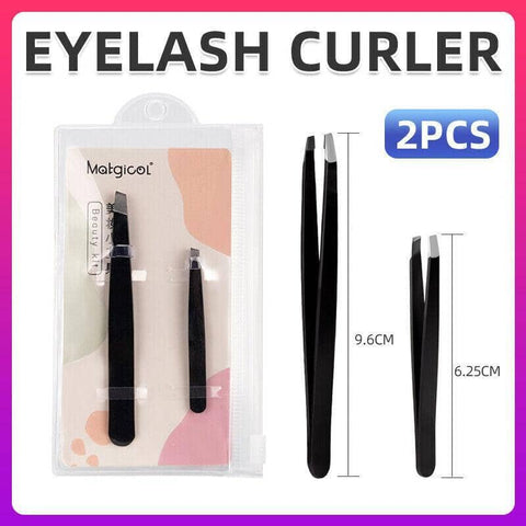 Slanted Tip Stainless Steel Eyebrow Tweezers, Set of 2 - Black