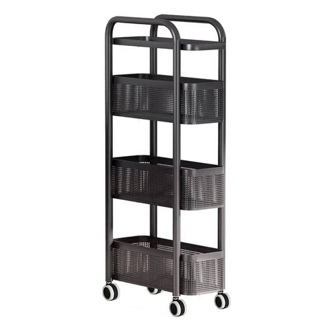 Slim 3-Tier Rolling Storage Trolley with Perforated Baskets - Black