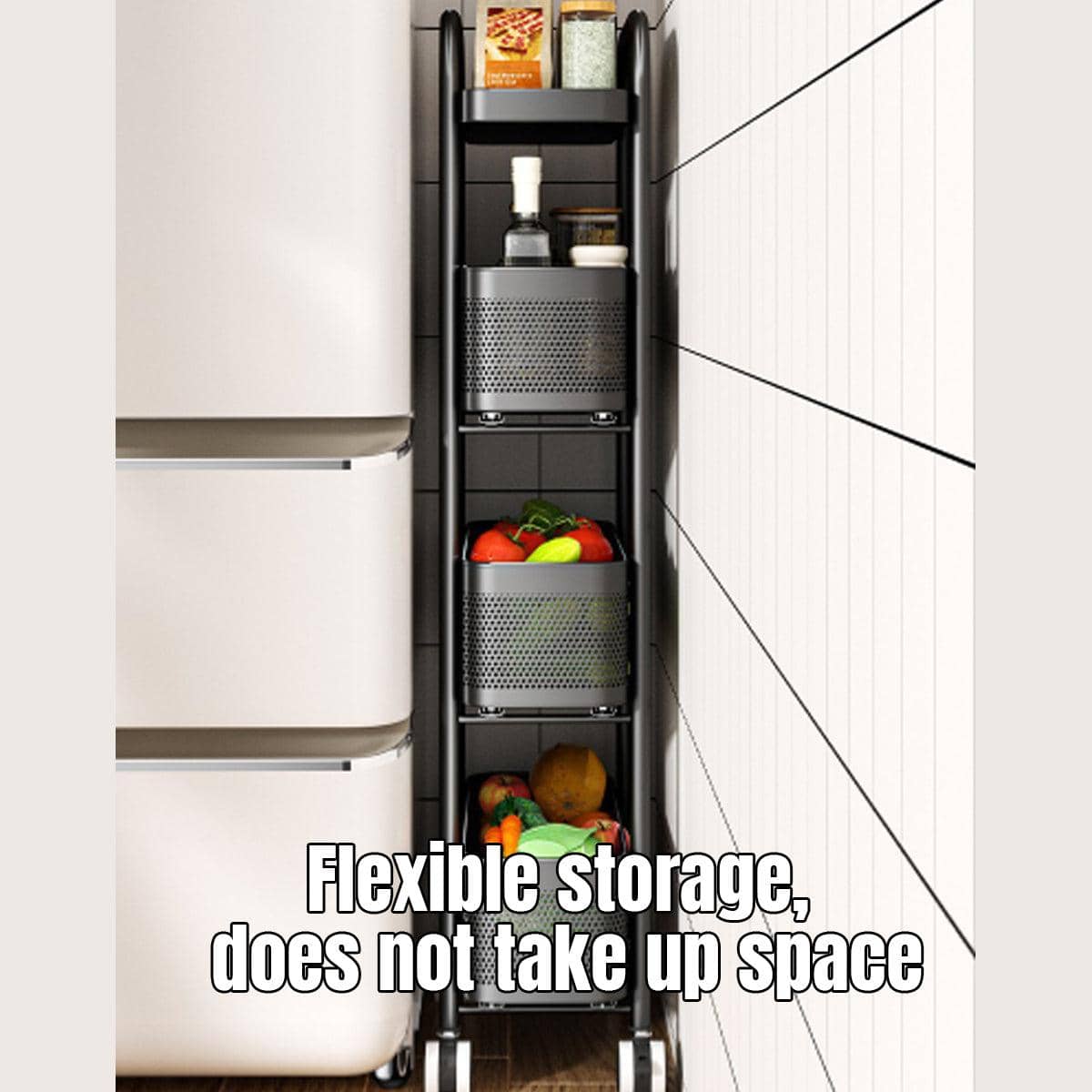 Slim 3-Tier Rolling Storage Trolley with Perforated Baskets - Black - view 5